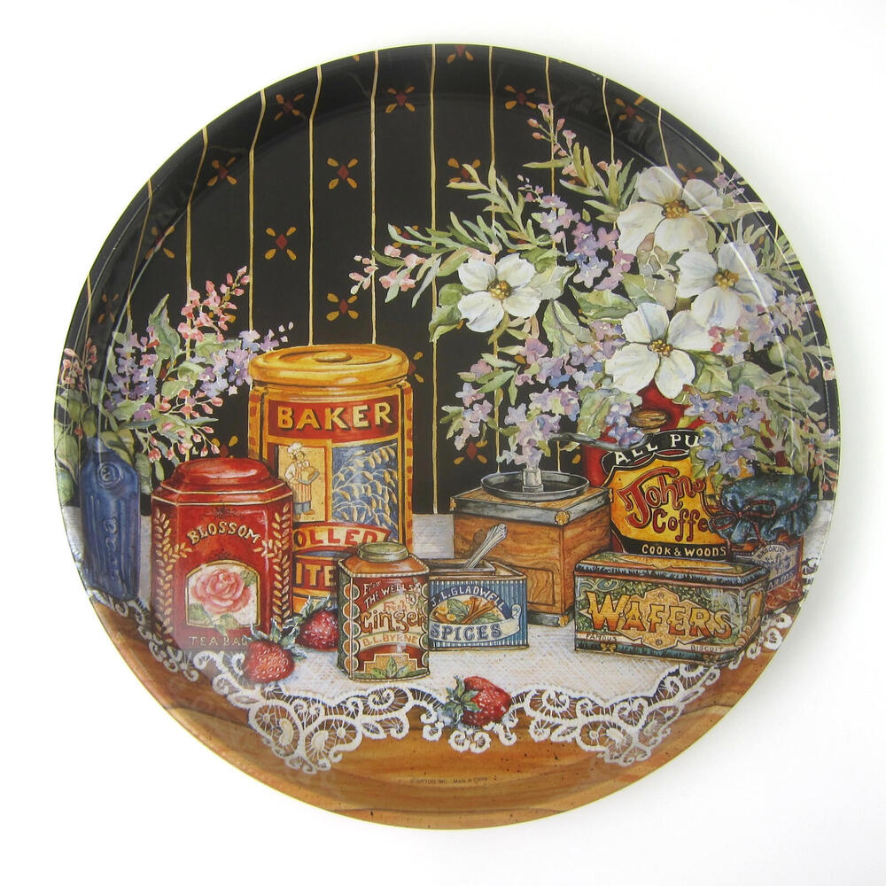 Vintage Round Metal Serving Tray 11.75" Victorian Kitchen Baking Tins Flowers